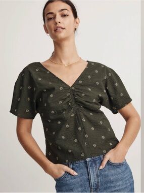 Madewell Voile Puff-Sleeve V-Neck Top in Dark Green Floral Size 2